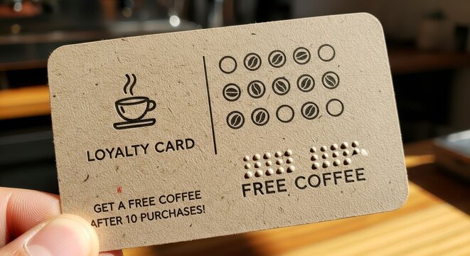 Hand holds craft coffee loyalty card at cafe. - Powered by Adobe