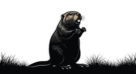 North american beaver standing on hind legs, showcasing its rodent features, isolated on white background