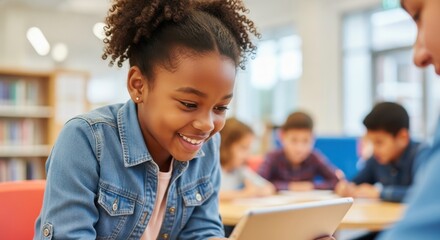 Joyful Black Schoolgirl Using Tablet for Collaborative Digital Learning in Library