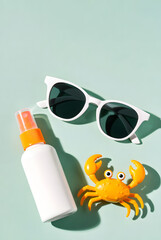 Summer Flat Lay with Sunscreen, Sunglasses and Toy Crab on Mint Background