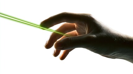 Laser Beam Interaction: A person's hand gracefully interacts with a vibrant green laser beam, emphasizing precision, technology, and cutting-edge advancement.