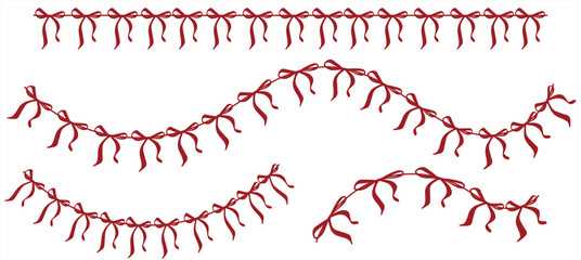 Red Ribbon Garland Clipart Set | Decorative Bow Border and Festive Holiday Ribbon Divider