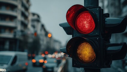 A close-up of a traffic light, showing red and yellow signals, blurred background with cars