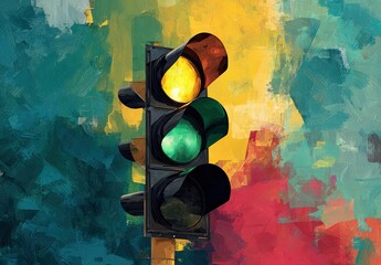 An abstract depiction of a traffic light with yellow and green lights on. Vibrant brushstrokes