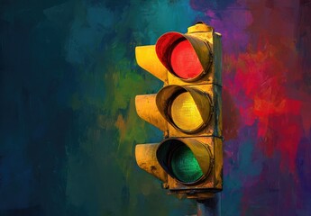Painted traffic signal with three illuminated lights against a textured, colorful backdrop