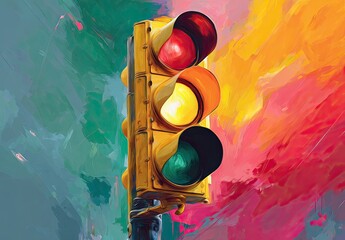 A vibrant, abstract painting of a traffic light against a colorful, textured background