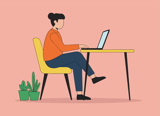 Illustration of person working on laptop at desk with plants