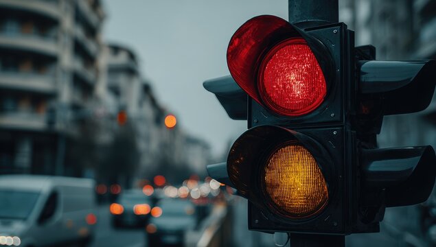 A close-up of a traffic light, showing red and yellow signals, blurred background with cars