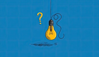 A cartoon illustration of a lit lightbulb suspended, a question mark, and a tangle of wire on blue