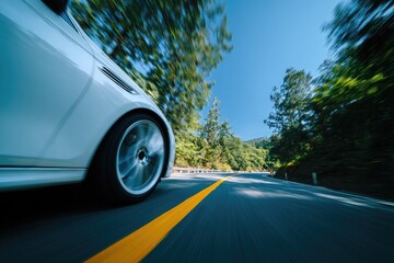 White sports car speeding down a winding road, motion blur capturing speed with forested hills