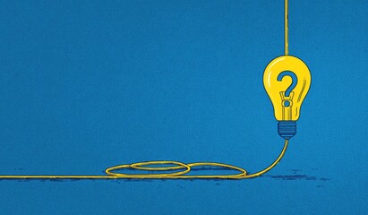Illustrated lightbulb with a question mark, emitting a yellow glow, suspended against a blue backdrop