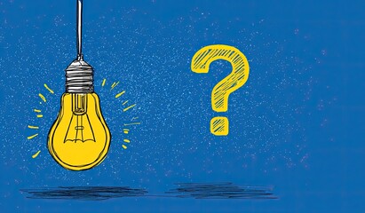 Illustration depicts a glowing lightbulb hanging next to a yellow question mark against a blue background
