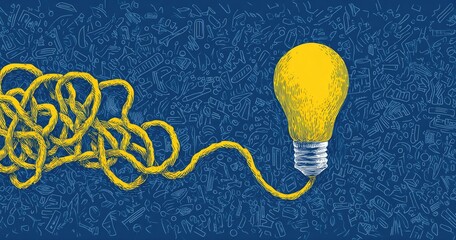 Bright yellow lightbulb connected to tangled yellow cords against a blue background with random objects