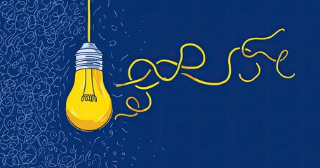A lit lightbulb hangs from a wire, connected to abstract scribble, set against a deep blue background