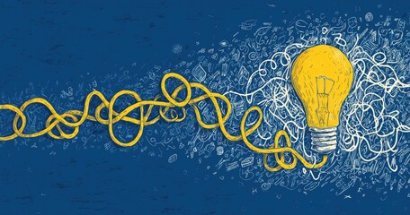 An illuminated light bulb connected by a yellow wire against a deep blue background with scribbles