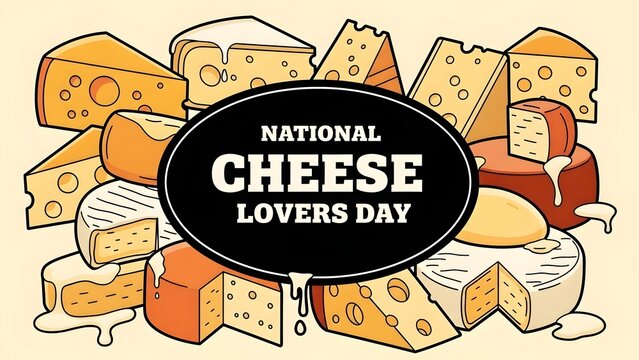 Various cheese wedges and wheels with National Cheese Lovers Day text dairy food
