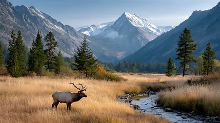 Majestic bull elk stands proudly in a golden meadow beside a winding stream with snow capped mountains towering majestically in the background