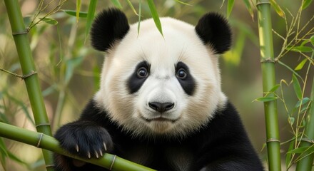 Obraz premium Cute Panda Sitting Among Fresh Green Bamboo 