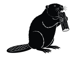 Black silhouette of a beaver holding a log, a symbol of nature and industry