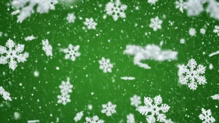 Ultra-clean 4K animation of realistic falling snowflakes over a bright green background, isolated alpha-friendly motion design element for Christmas and New Year holiday videos.  - Powered by Adobe