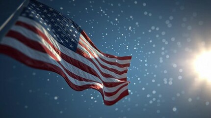 American flag waving in the wind against a starry night sky with a bright sun