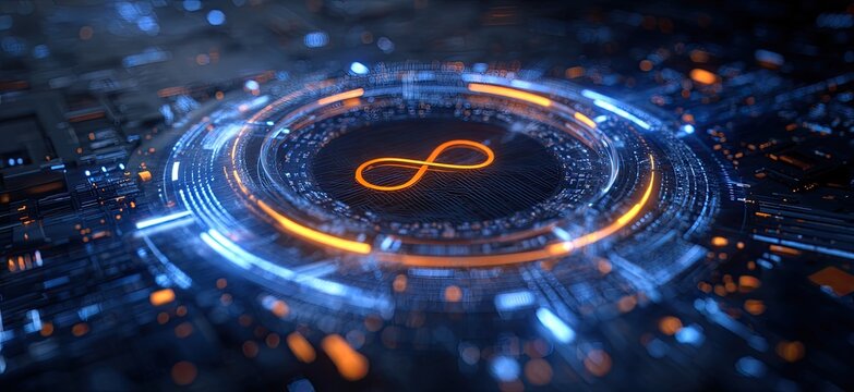 A futuristic digital display features glowing blue and orange circular patterns, with an infinity symbol
