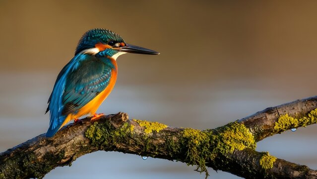 Vibrant kingfisher bird perched on mossy branch with water droplet image