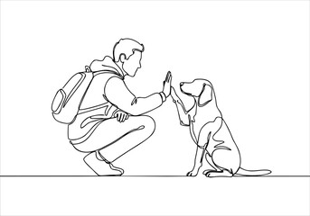A continuous line art drawing depicting human-canine bond, a high five gesture of friendship and trust
