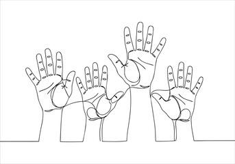 Continuous line art drawing showcasing diverse hands raised in unity, symbolizing community support and participation
