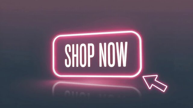 Neon button with the words SHOP NOW in tall white letters and pink glow, rounded rectangle frame, thin neon arrow pointing at the button, dark gradient background with soft reflection and light pulse.