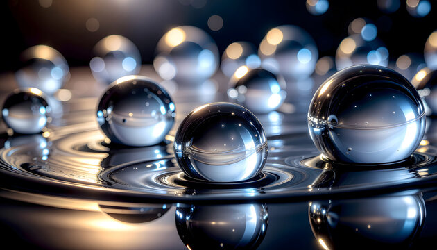 Abstract futuristic background with a cascade of shimmering metallic spheres reflecting a city