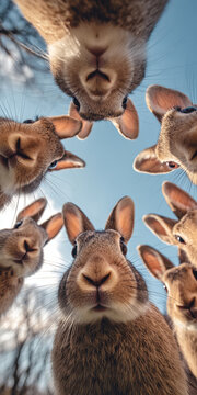 Phone wallpaper featuring a dynamic, composite scene of 10 rabbits curiously looking down at the screen, arranged in a zoetrope-like circular pattern The central image is a close-up of - AI-Generated