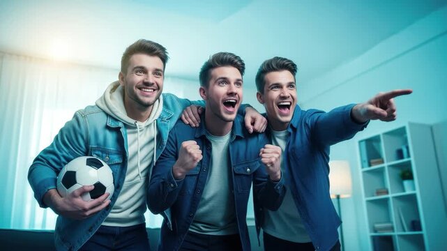 Three excited young men cheering watching soccer game, celebrating victory with a football 4k high quality footage
