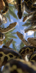 Fototapeta premium A close-up photograph of 40 anacondas coiled together, forming a pattern on a phone wallpaper, with the camera positioned above, focusing on the snakes and the sky The snakes display a - AI-Generated