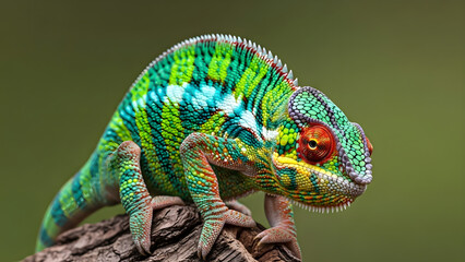 Obraz premium Colorful Chameleon On Rock – Vibrant Reptile With Striped Scales In Natural Habitat