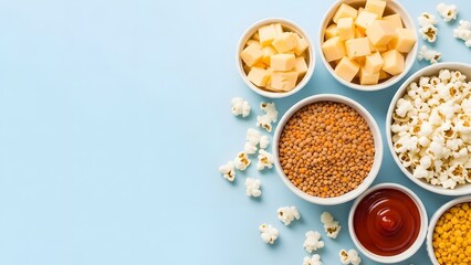 White bowls of popcorn cheese and lentils on blue background ketchup yellow lentils