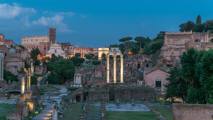 Fototapeta premium Ruins of Forum Romanum on Capitolium hill day to night timelapse in Rome, Italy