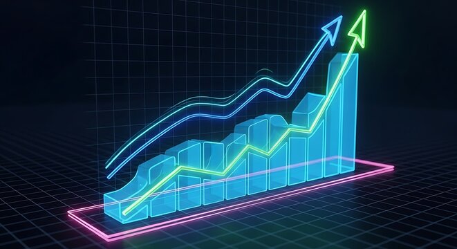 Glowing Bar Chart and Ascending Arrows Representing Growth and Financial Success with Abstract Grid Background and Neon Accents - Powered by Adobe