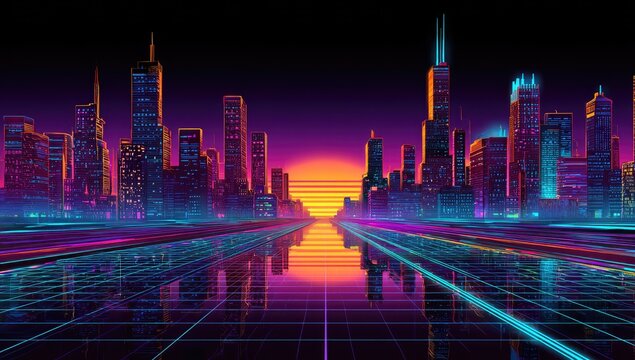 Retro city skyline reflects on neon grid, sunset, pinks and blues