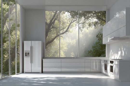 Modern white kitchen with large windows overlooking lush green trees.