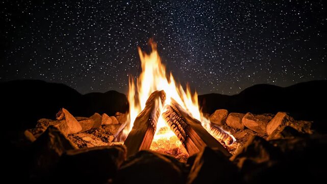 A warm campfire burns brightly under a spectacular starry night sky with silhouetted hills.