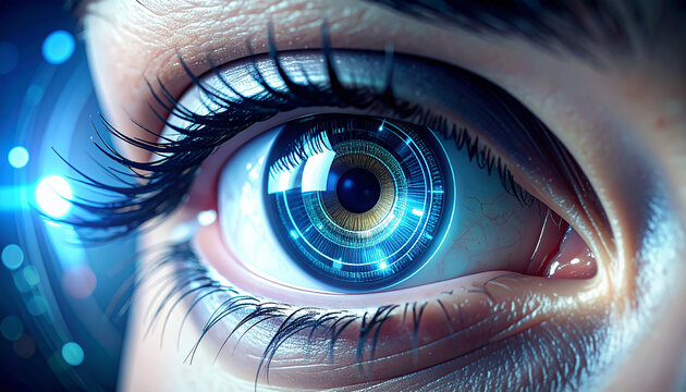 AI Enhanced Eye: A human eye with augmented reality elements, symbolizing technological advancement and the integration of technology with human capabilities.