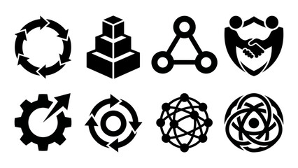 A collection of eight black and white icons representing business, technology, process, and interconnected concepts like cycles, networks, growth, and collaboration.