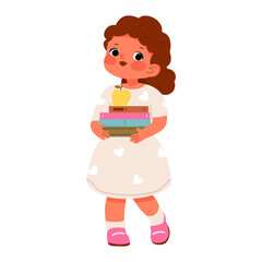 Adorable cartoon girl in a heart dress holding a stack of books with an apple, perfect for school or education themes.