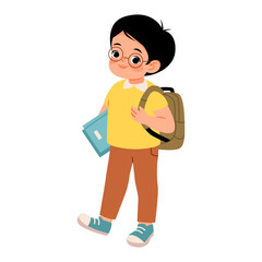 Smiling School Boy with Backpack and Books. Cute cartoon boy wearing glasses, carrying a backpack and holding books, perfect for back to school and education themes.