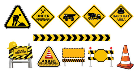 Vector set of under construction and work in progress signs. Includes road signs, caution cones, barriers, heavy equipment (truck, cement mixer), and hard hat area symbols. Essential for safety, build