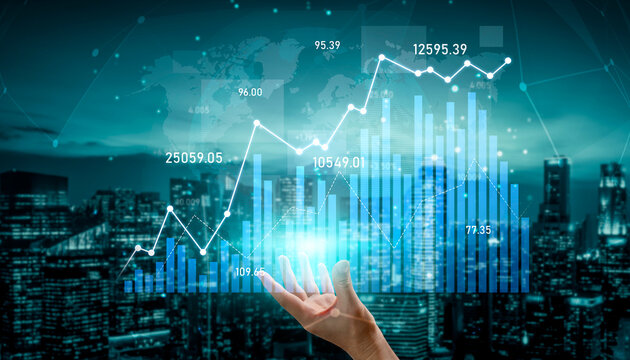 A hand reaches towards an upward rising graph with data visualization elements against a city skyline. Ideal for themes of finance, business analysis, and growth. Scalp