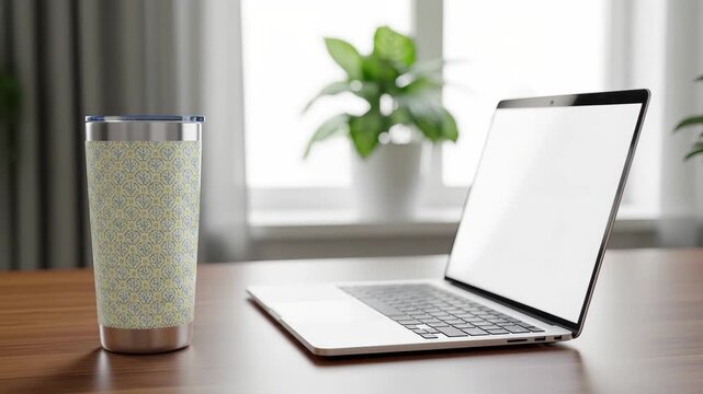 Modern workspace setup with stylish patterned tumbler and open laptop, inviting productivity and comfort. 4k high quality footage