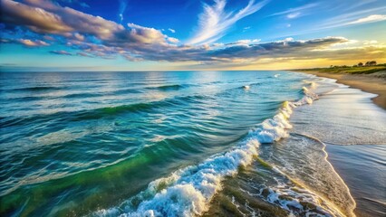 A majestic sea with waves gently lapping at the shore