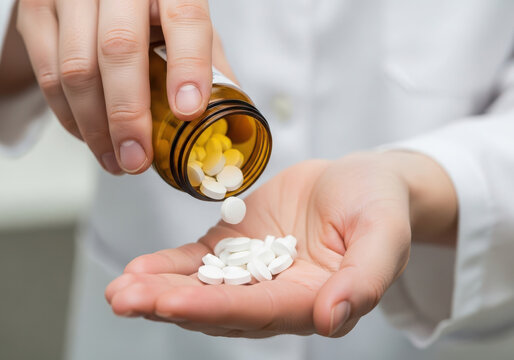 Hands pouring white pills from a brown bottle into an open palm